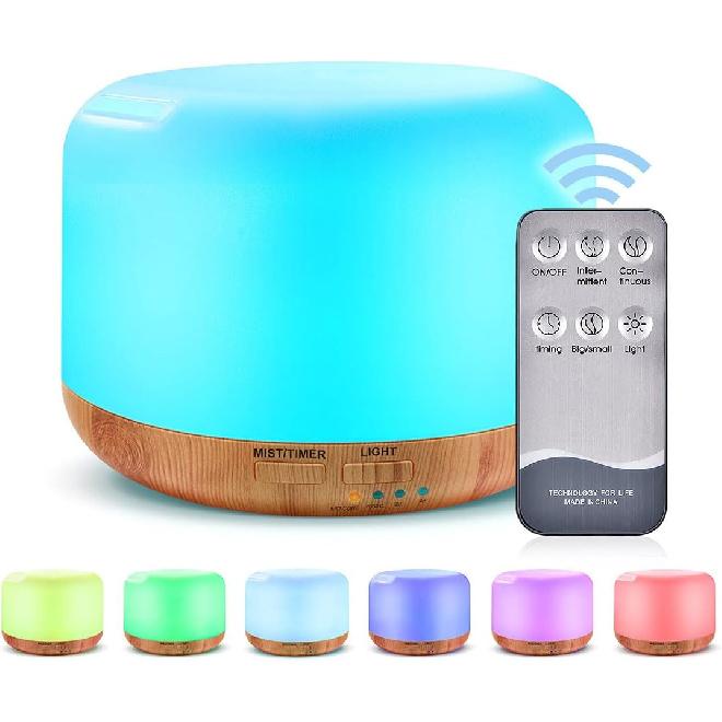 300ML Essential Oil Diffuser, Remote Control Ultrasonic Aromatherapy Oil Diffusers Cool Mist Humidifier, Waterless Auto-Off and 7 LED Light Colors