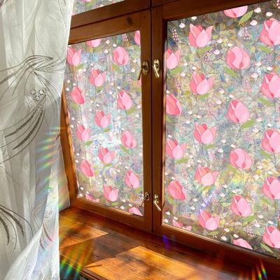 Tulip Flowers Window Clings Stained Glass Floral Window Privacy Film Pink Tulip Static Window Decals for Home Office Living Room Bathroom Glass
