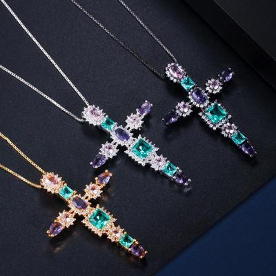 WWJ Colorful Cubic Zirconia Elegant Big Cross Pendant Necklace for Women Fashion Jewelry Accessories