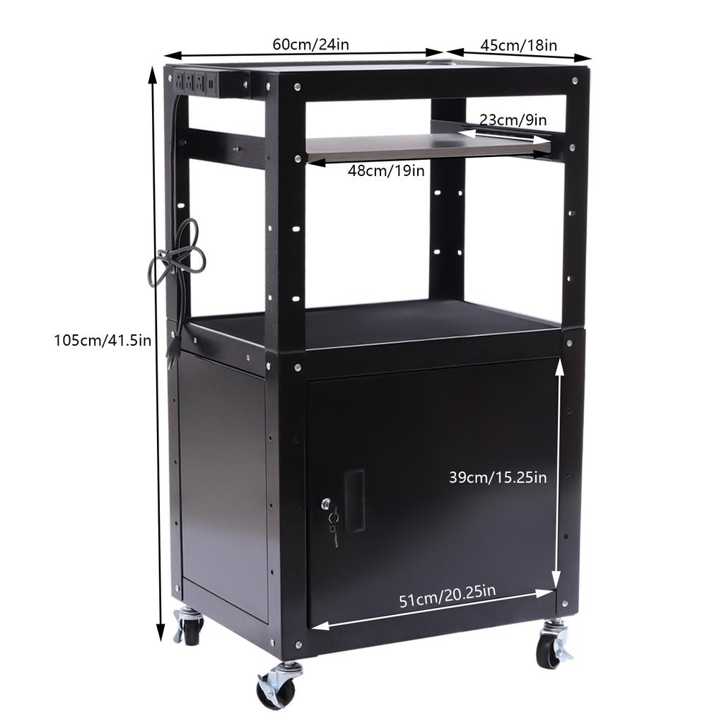 Steel Large AV Cart with Extra Storage - Adjustable Height Cart with Locking Cabinet, Pullout Tray, Power Strip,Easy To Assemble