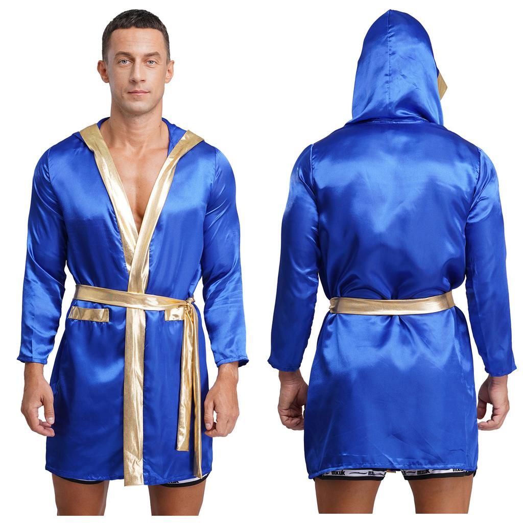 Mens Satin Hooded Cloak Shiny Trim Open Front Belt Boxing Robe