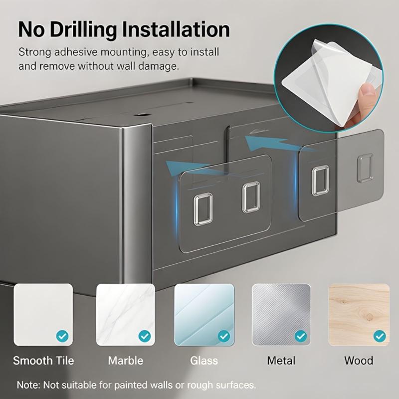 Adhesive Wall Mount Toilet Paper Storage Box with Covered Section and Upper Tray, Bathroom Tissue Case for Daily Use