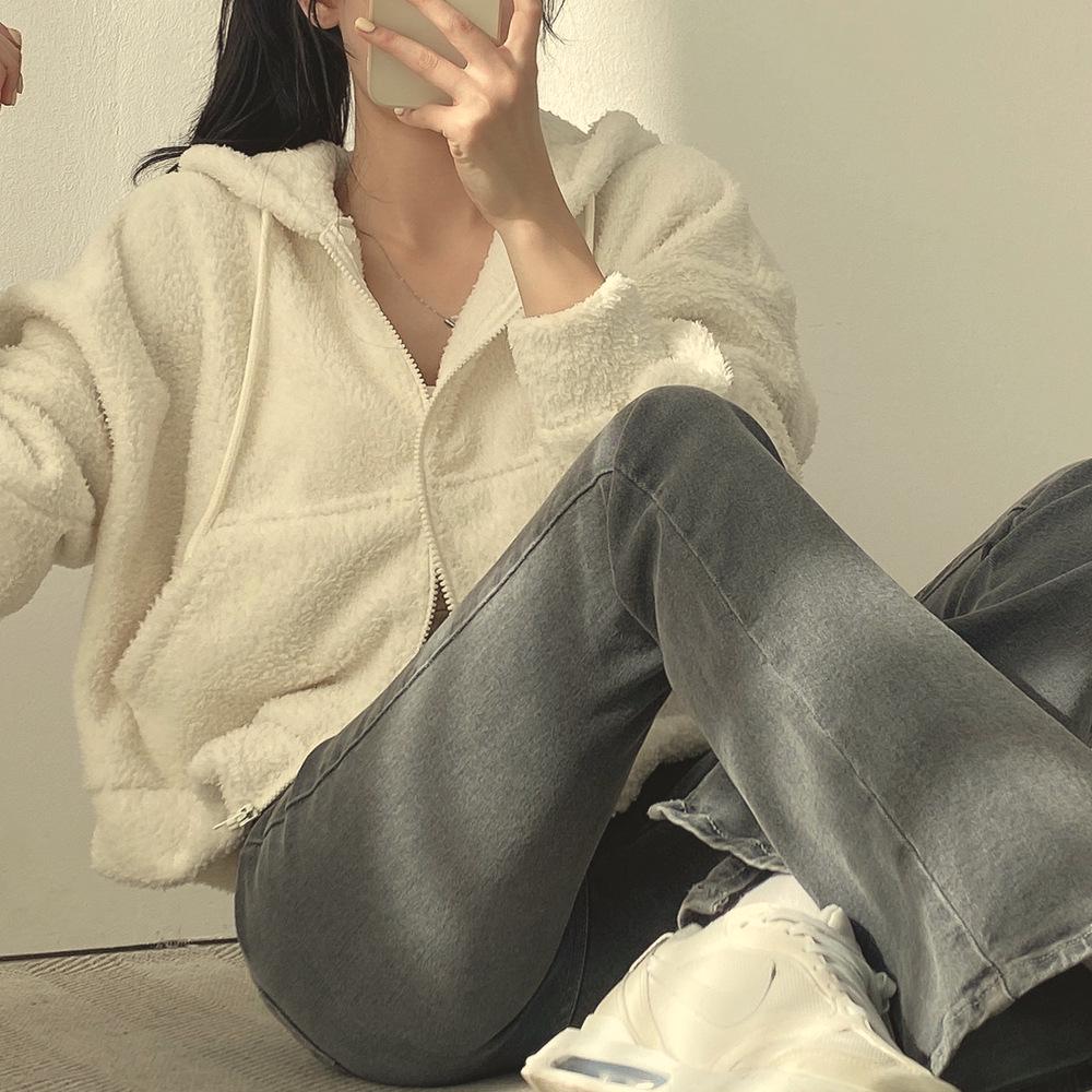Damen Lammwolle Flauschiges Kapuzensweatshirt - Verdickter Warmer Kurzer Reißverschluss Mantel, Trendig Herbst/Winter 2025.