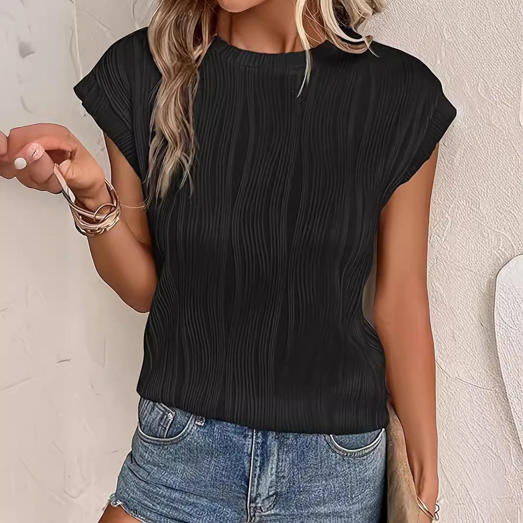 women's Textured Ribbed Cap Sleeve Crew Neck T Shirt Casual Summer Blouse Top