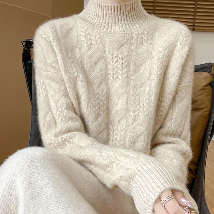

Thick Wool Semi-High Neck Women s Cable Knit Pullover Sweater M (100-110 Jin)