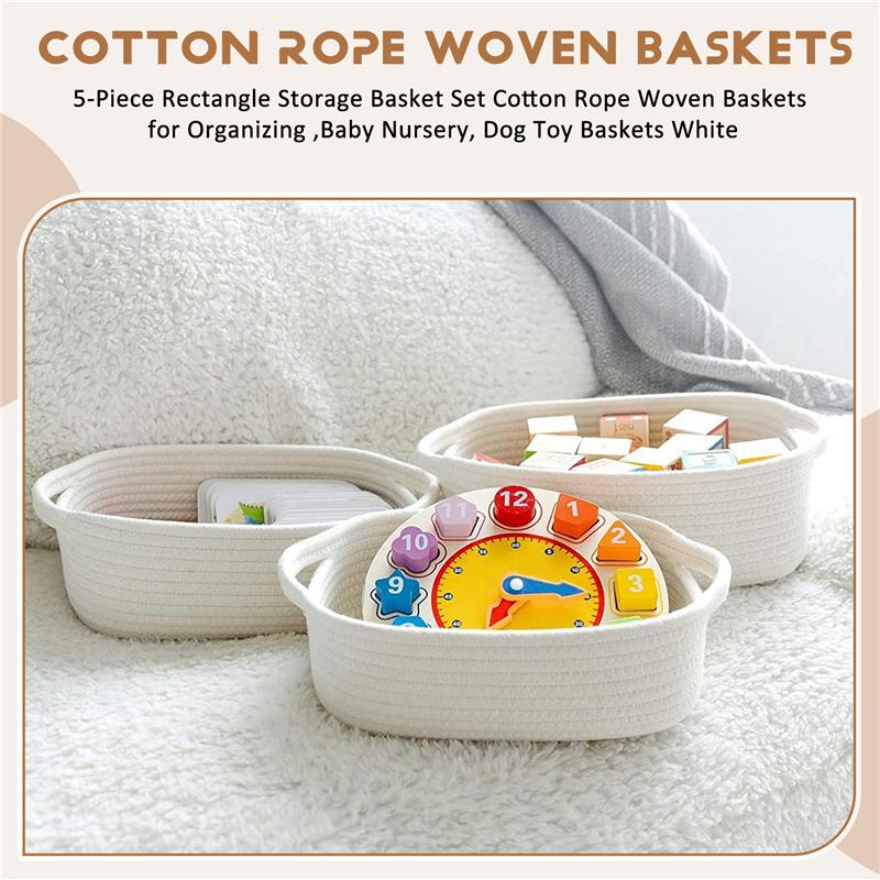 ABWR Набор из 5 прямоугольных корзин для хранения из хлопковой веревки, плетеные корзины для организации, детской комнаты, корзины для игрушек для собак