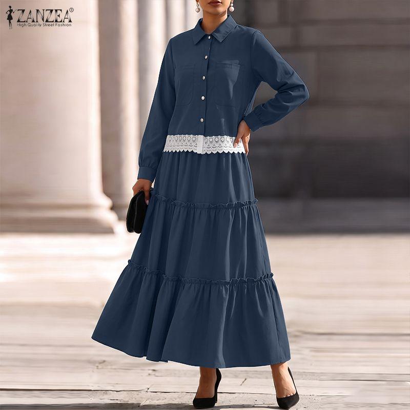ZANZEA Ensembles Deux Pièces Élégants pour Femmes : Blouse à Manches Longues Bordée de Dentelle et Longues Jupes