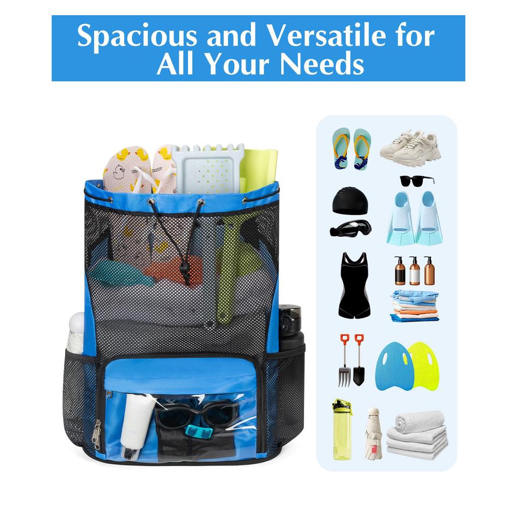 Drawstring Backpack Sand-proof Beach Backpack with Shoe Compartment and Wet Pocket Waterproof Mesh Beach Bag