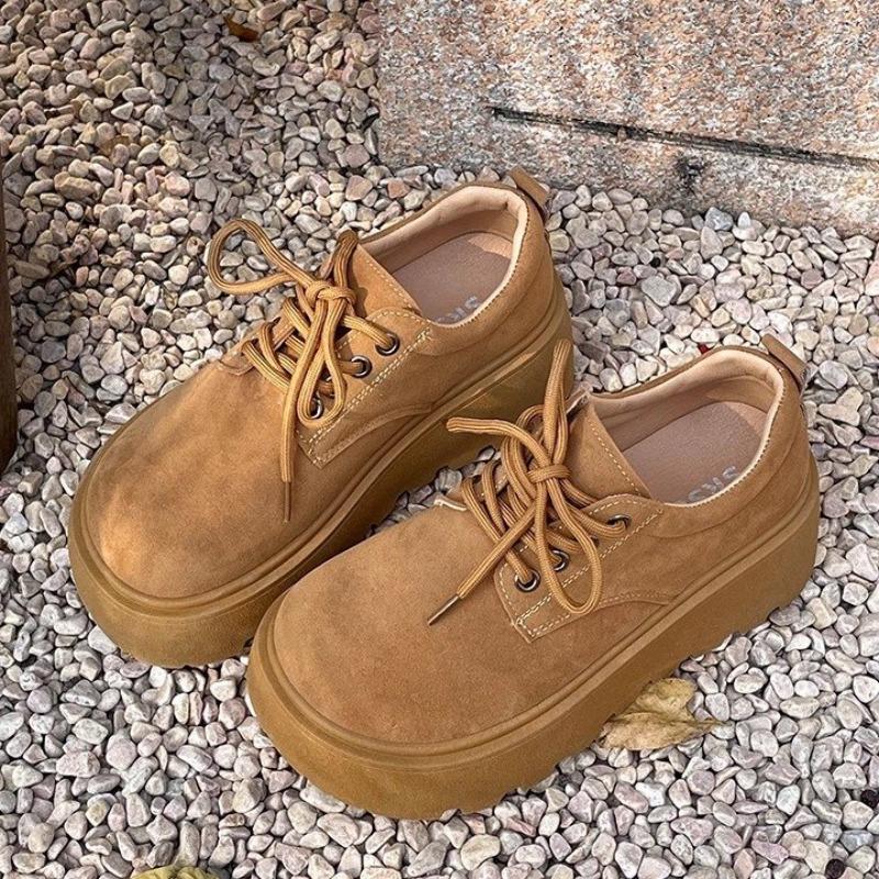 

Женские матовые туфли на шнуровке на толстой подошве, новые ретро на подошве-маффин, для маленьких мужчин, делающие ноги стройными и увеличивающие рост 40 верблюд