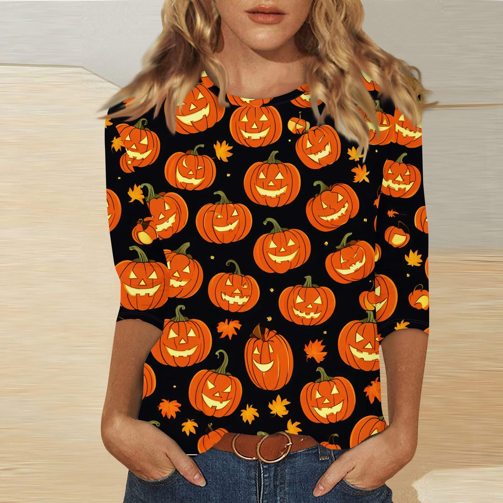 

Женская модная повседневная футболка с рукавом три четверти и принтом на Хэллоуин, с круглым вырезом L оранжевый