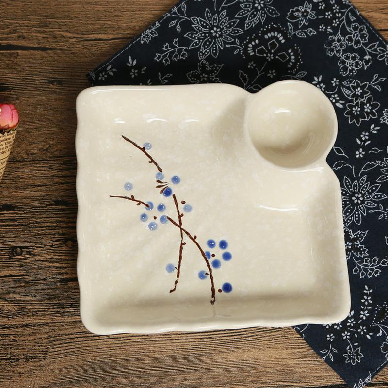 Japanese Style Plum Blossom Hand-painted Creative Household Underglaze Ceramic Tableware Dumpling Grid Plate Dessert Plate