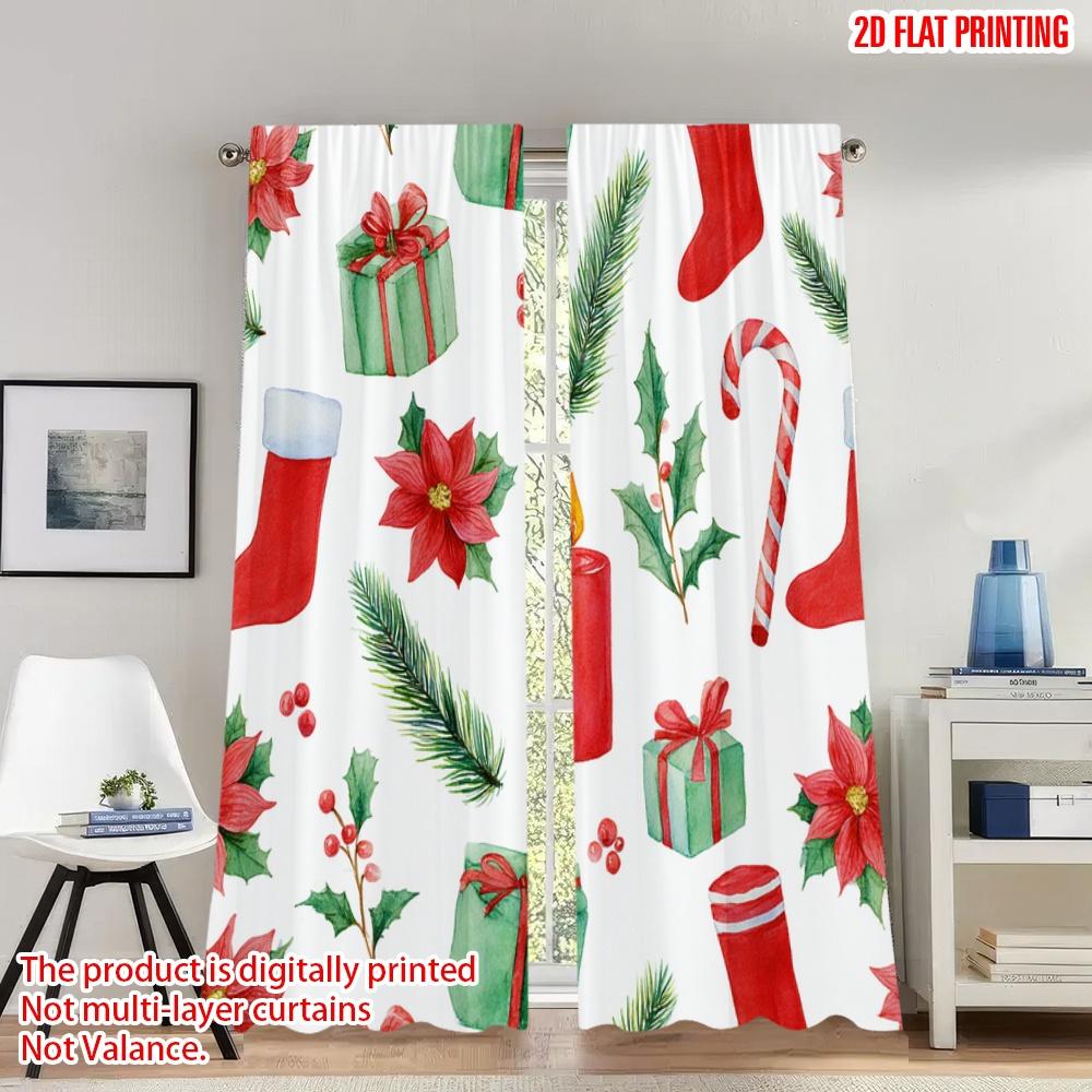 

Set Of 2 Flat Printing Christmas Hot Curtains Red Green Poinsettia Digital Printed Polyester Drapes Spring Use Curtain Made W100*H70(CM)-Rod Pocket&2PCS