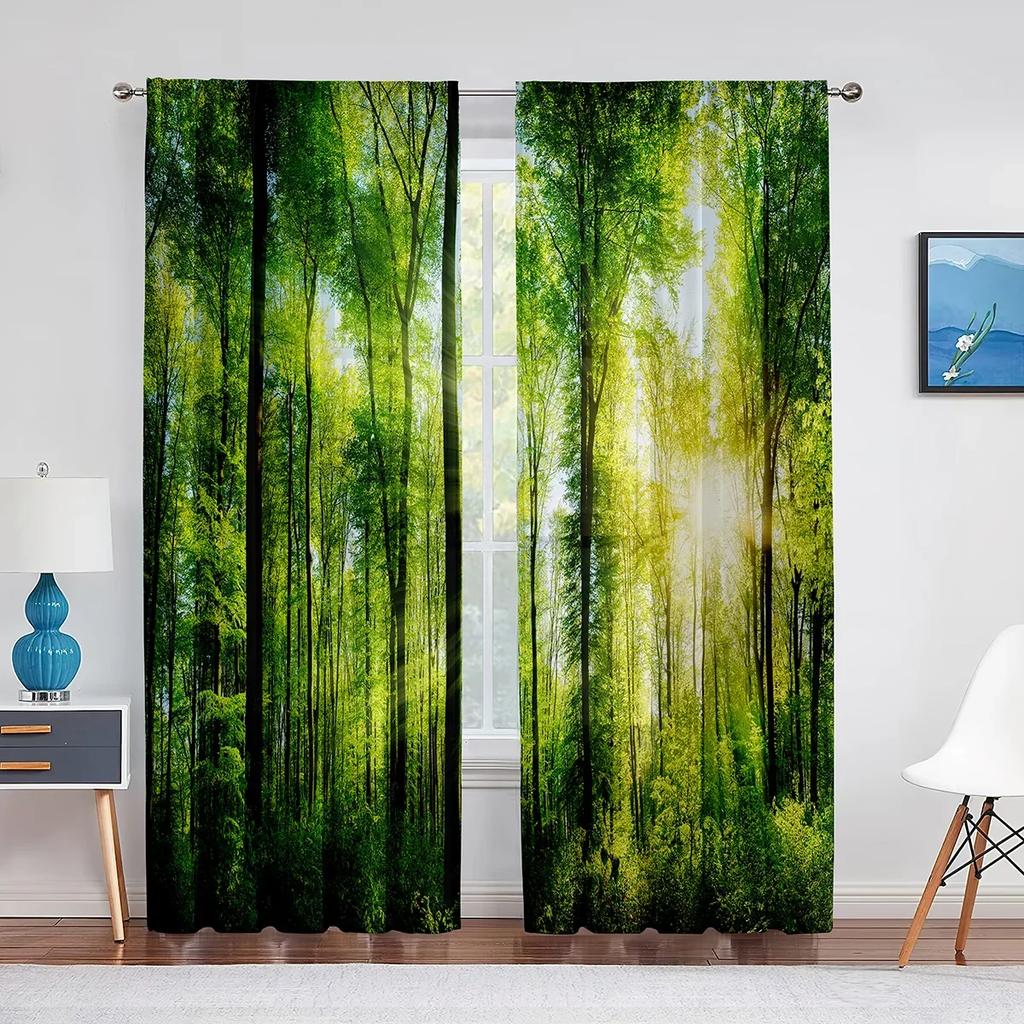 3D Woodland Forest Foliage Sunbeams Nature View Curtains for Living Room Bedroom Kitchen Decor Sheer Curtains Window 2pcs Cortin