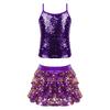 Kids Girls Two-Piece Dance Outfit Sparkly Sequined Camisole Tops with Tiered Ruffle Skirted Shorts Culottes