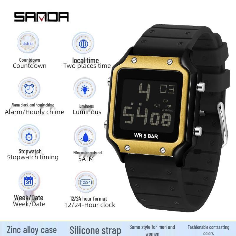 Sanda Student Multifunctional Dual Time Sports Watch - Color Block Square Design, 50m Waterproof