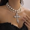 Cyberpunk Style Cross Necklace Dark Exaggerated Slightly Inlaid Imitation Pearl Multi-Layer Stacking Jewelry