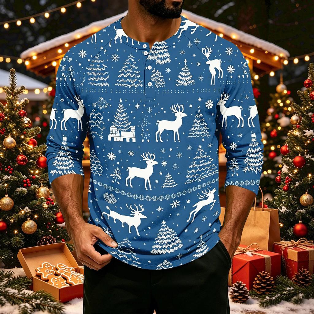 Men's Casual Shirt with Three-Quarter Raglan Sleeves Christmas Print