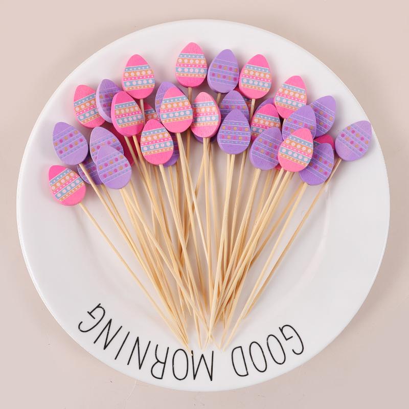 100pcs Easter Disposable Bamboo Skewers Rabbit Eggs Food Picks Fruit Fork Cupcake Buffet Stick Easter Party Decoration Birthday
