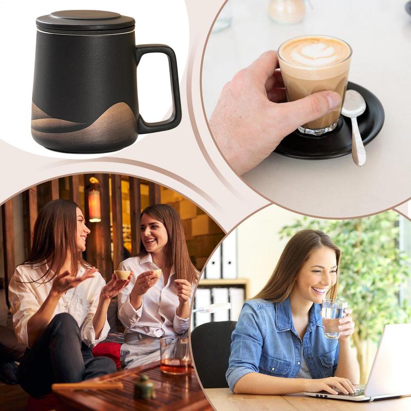 Tea Cup With Infuser And Lid 360ml Tea Steeper Cup Matte Ceramic Hand-Painted Black Glaze Filter Tea Kettle For Men Women Tea