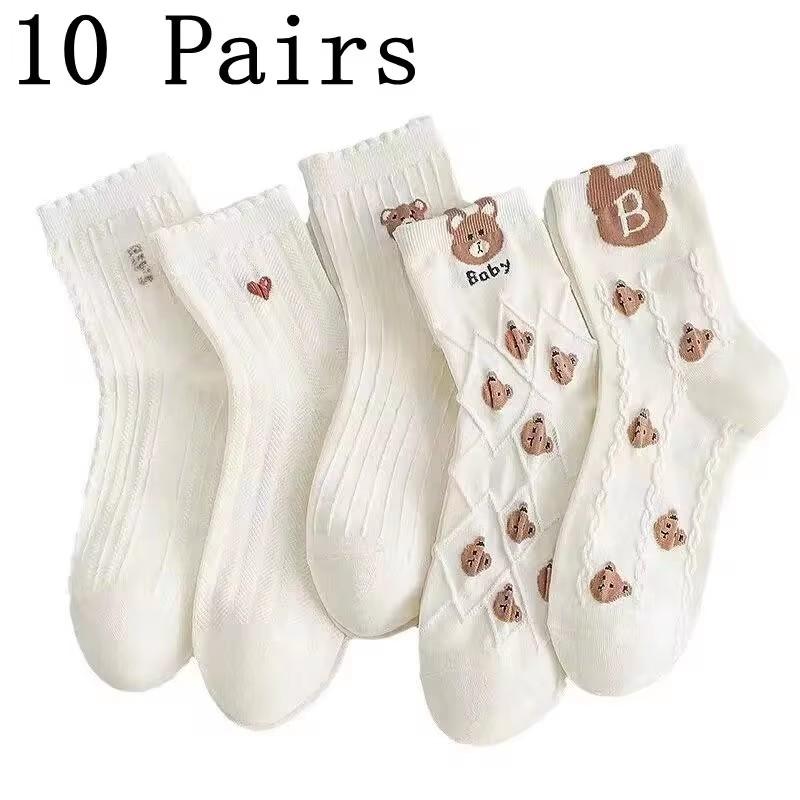 5/10 Pairs Women Round Neck Socks High Quality Autumn Winter Cute Cartoon Breathable Fashion Socks Women Soft Medium Tube Aocks