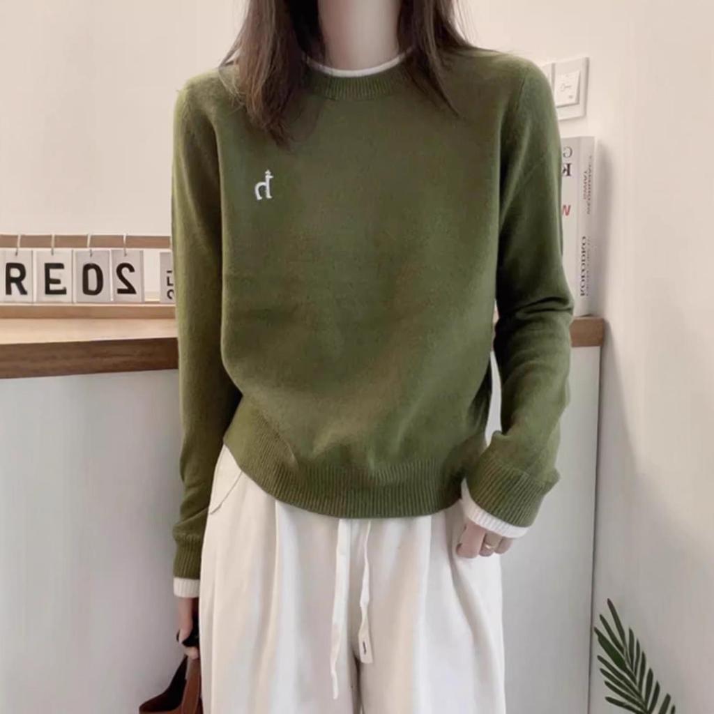 2025 Women's Autumn/Winter Pure Wool Color Block Embroidered Knitwear - Casual Round Neck Loose Base Layer Top