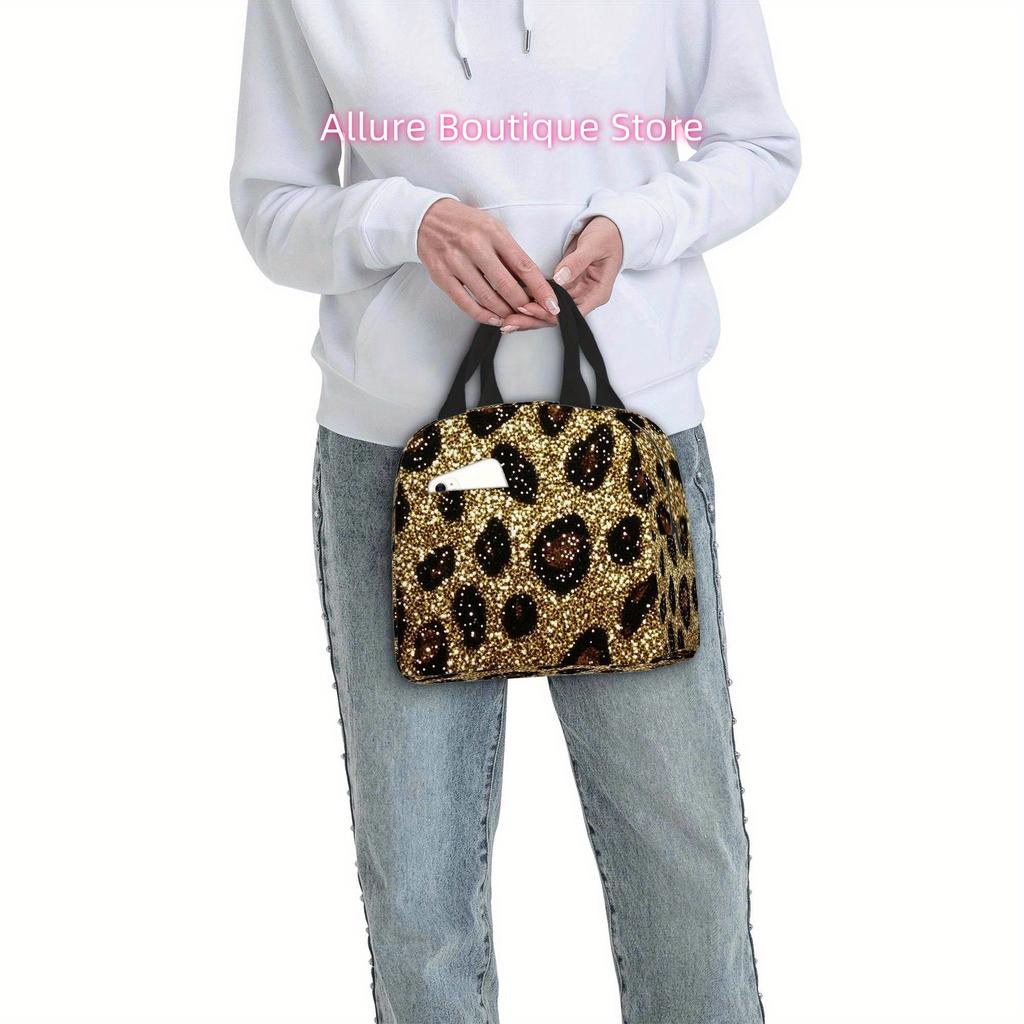 1pc, Golden Leopard Print Fabric Texture Printed Thermal Bag, Insulation Bag, Insulated Bag. Not for Food Contact. Suitable for