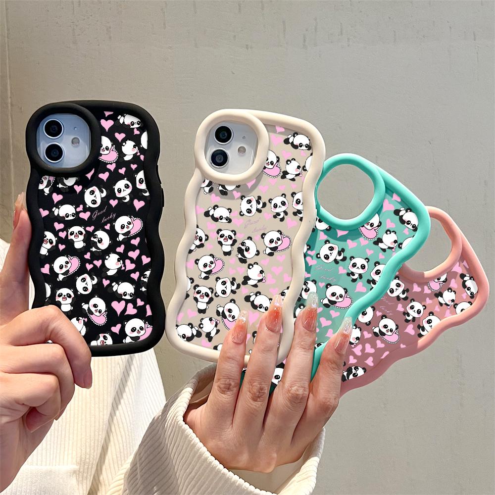 Uroczy rysunkowy pokrowiec na telefon z pandą dla iPhone'a 11 12 13 14 15 Pro Max 6 6S 7 8 Plus Xs Wave Edge odporny na wstrząsy gumowy pokrowiec ochronny