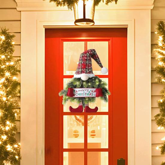 Yousheng Lighted Christmas Gnome Wreath Artificial Pine Spruce Wreath for Front Door Swedish Tomte Hanging Sign for Xmas Porch Indoor Outdoor Home