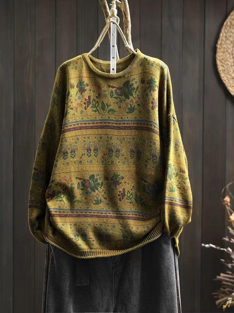 Johnature Woman Autumn Niche Vintage O-Neck Casual Loose Retro Sweater Chinese Style Long Sleeves Print Sweater