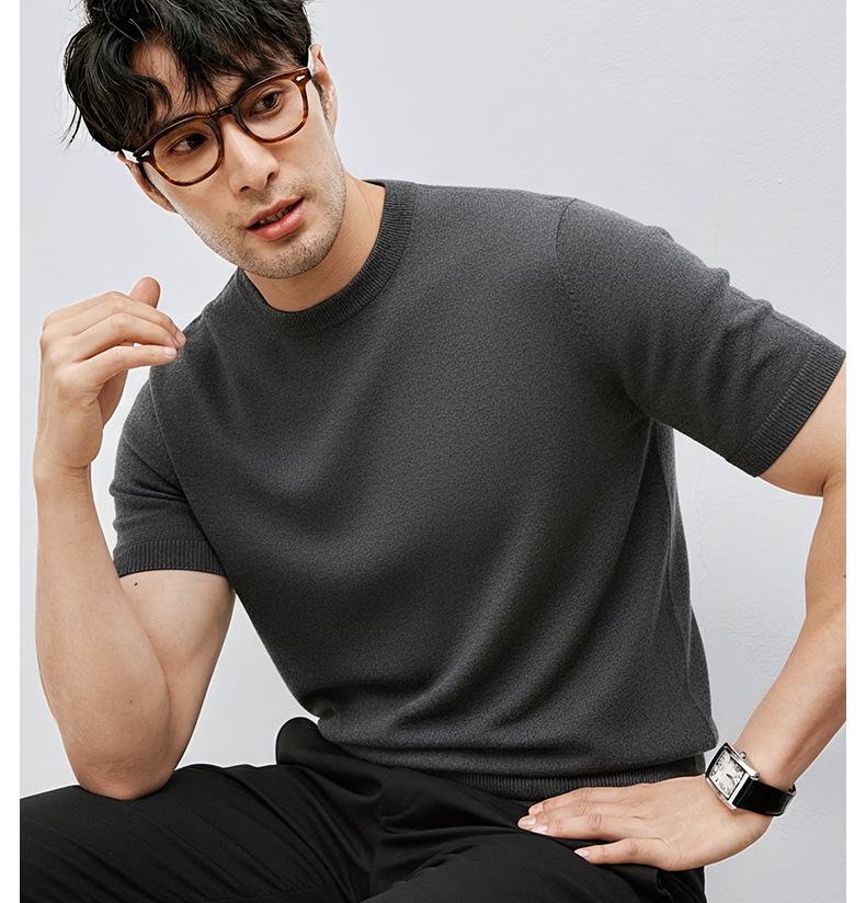 Warm Wool & Modal Men's Short Sleeve Sweater - Light Luxury Round Neck Knitwear for Spring and Autumn Commute
