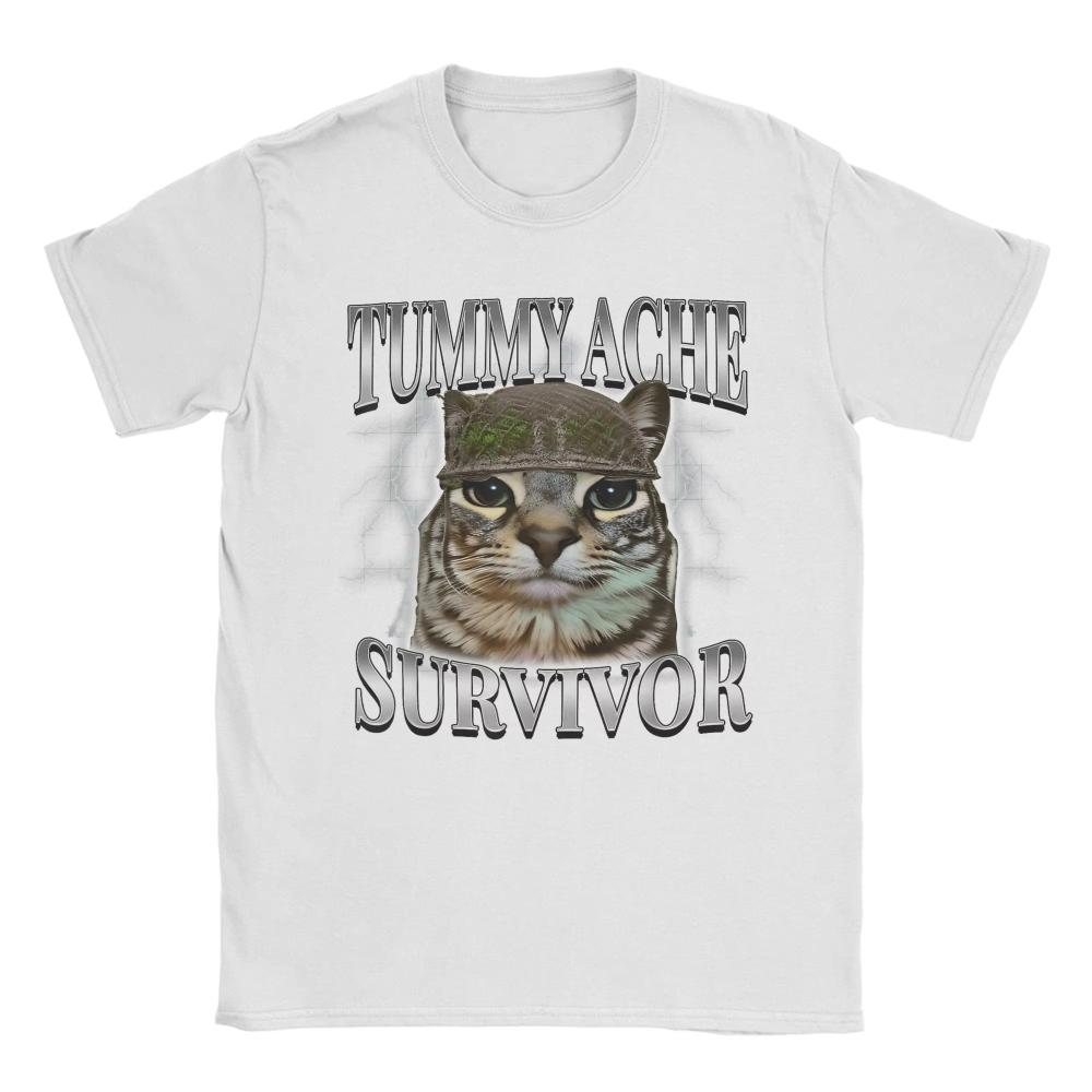Tummy Ache Survivor Cat Meme Funny Saying Cats Animals T Shirts Summer Cotton TShirts for Men Women Trending Casual Tee Shirt