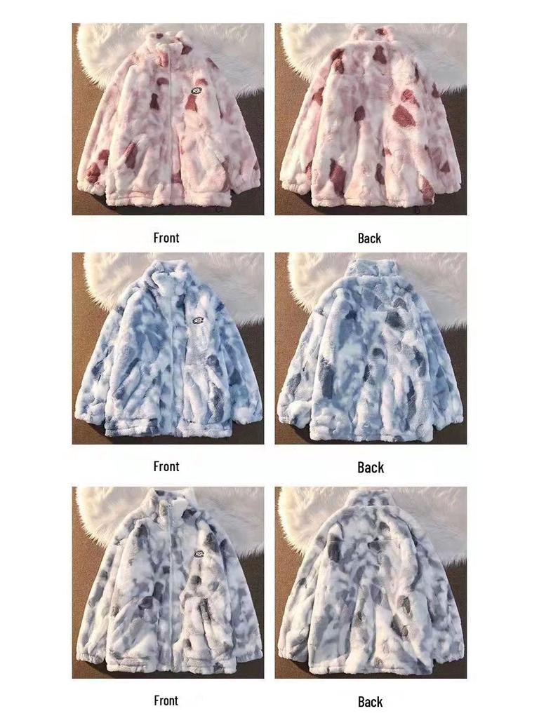 Damen Tie-Dye Doppelseitige Fleecejacke: Lässiger Stil, Lockere Passform, Reißverschluss, Stehkragen, Herbst/Winter-Mode