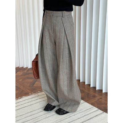 Weite Wollhose mit Fischgrätenmuster und hoher Taille für Damen