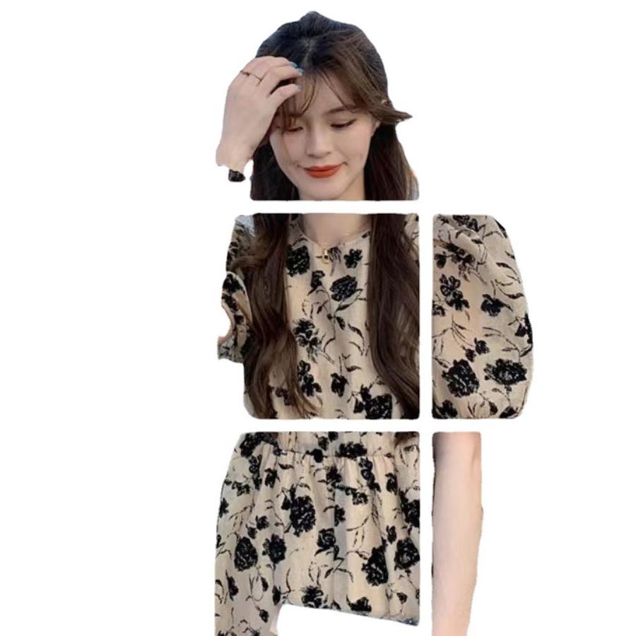 French Retro Floral Print Chic Bubble Sleeve Dress for Women Summer New Style High Waist Slimming Versatile Midi Skirt