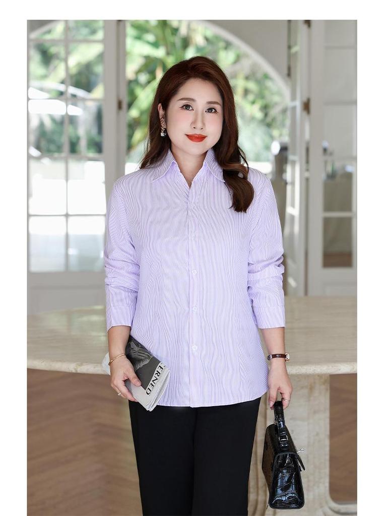 Women's Plus Size V-Neck Purple & White Striped Short-Sleeve Shirt - Slimming, Professional, Formal, Extra Large, Spring/Summer
