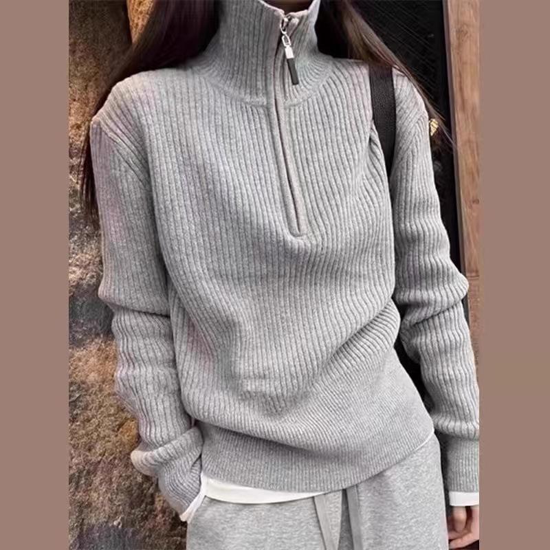 Gray Half-Zip High-Neck Sweater for Women: 2026 Spring/Autumn Long-Sleeve Knit Base Layer