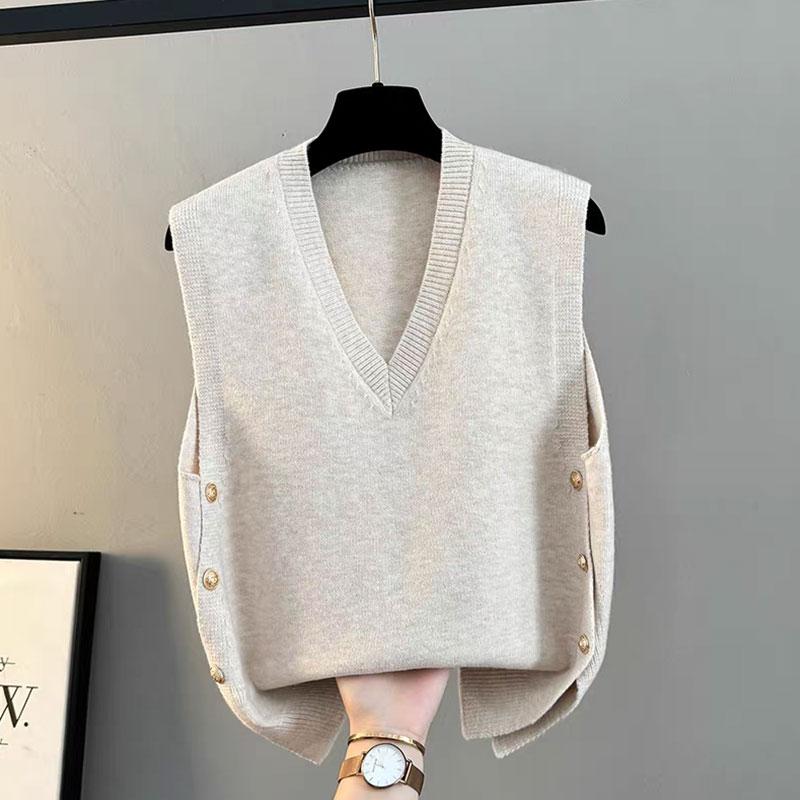 2025 Autumn Winter Sleeveless Knitted Pullover Women Sweater Vest Fashion Elegant V Neck Loose Outer Wear Casual Versatile Tank Tops Office Clothing