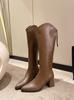 French temperament V pointed head medium heel women's rear zipper high boots knight boots imitation leather thin thick heel mouth high tube