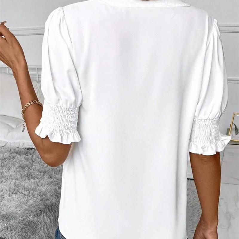 Women Summer Style Blouses Shirts Lady Casual Short Puff Sleeve V-Neck Solid Color Blouse Tops