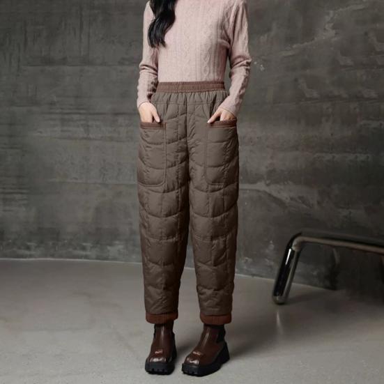 Women Harem Pants Elastic High Waist Lightweight Down Trousers with Large Pockets Thick Warm Quilt Pants
