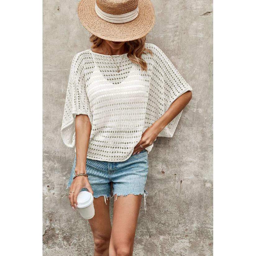 2026 New Round Neck Solid Color Women's Bat Sleeve Hollow Loose Knit Sweater