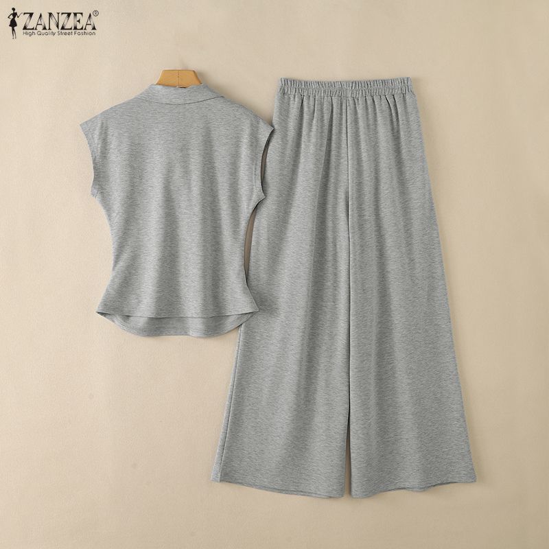 ZANZEA Women Sleeveless Blouse and Long Pants Casual Two Piece Suit Set