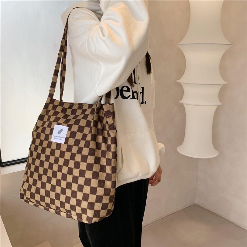 1 retro corduroy checkerboard shoulder tote bag female student class canvas bag simple hand bag