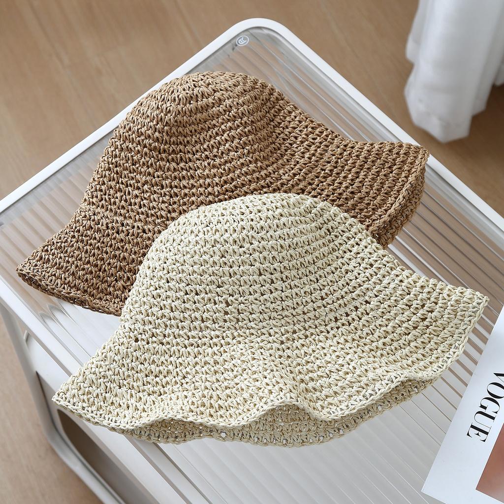 2026 Korean Style Women Straw Hat Summer Handmade Knitting Stitch Wide-brimmed Hat Outdoor Beach Vaction Sun Protection Hats