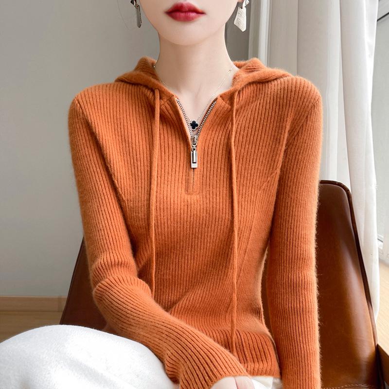 Women's Slim Fit Ribbed Wool Half-Zip Hoodie - Solid Color, Long Sleeve, Versatile for Autumn and Winter