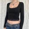 Spring and Autumn Top Hot Girl Style Sexy Lace Bow Stitching Slim Fit Bottoming Top