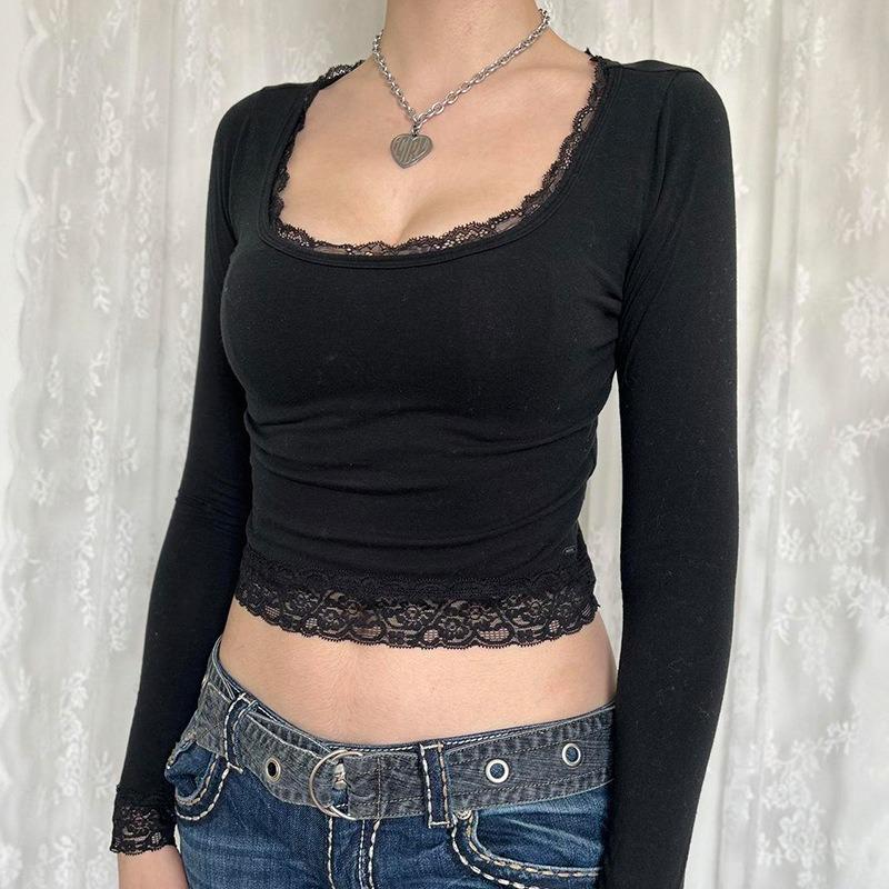 Spring and Autumn Top Hot Girl Style Sexy Lace Bow Stitching Slim Fit Bottoming Top