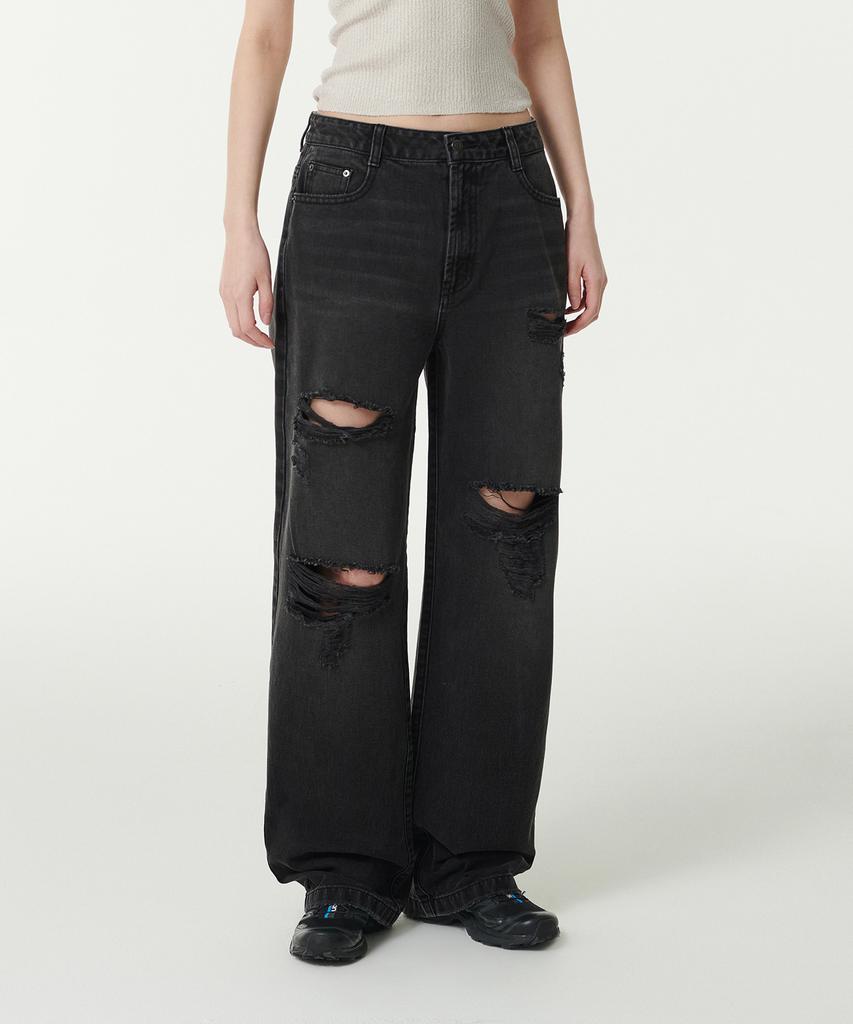 MUSINSA STANDARD WOMAN Women'S Multi Distressed Wide Denim Pants [Washed Black]