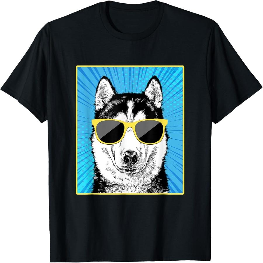 Siberian Husky Portrait Pop Art Dog with Sunglasses T-Shirt S