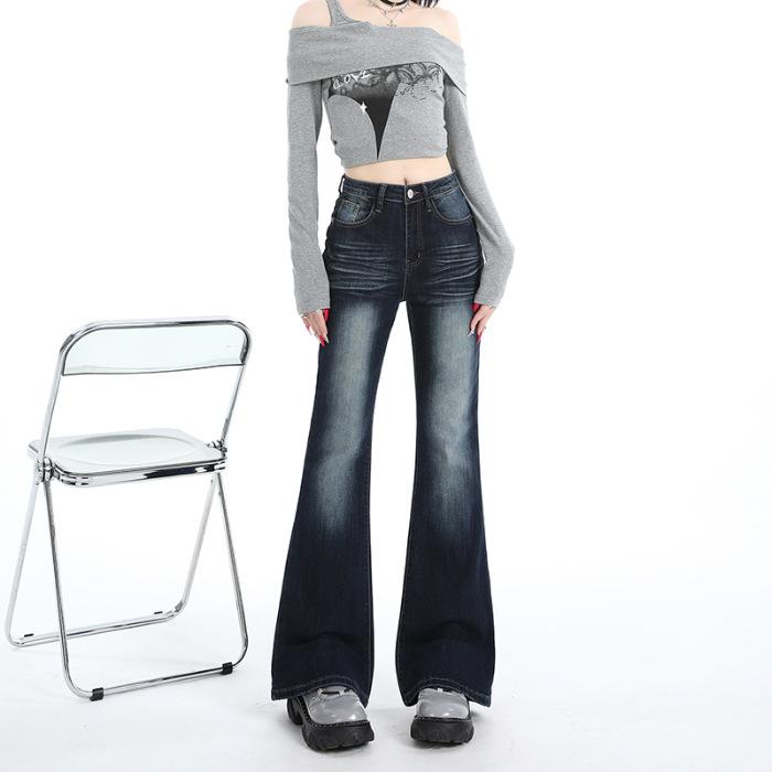 Autumn new dark blue high-waisted micro-pull jeans women's American non-stick leg elastic Spice girl straight-leg flared pants